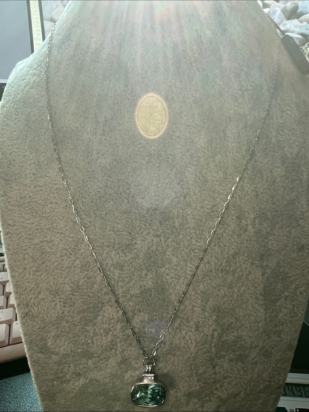 Sterling-Effect Silver Necklace with Green Cushion Pendant